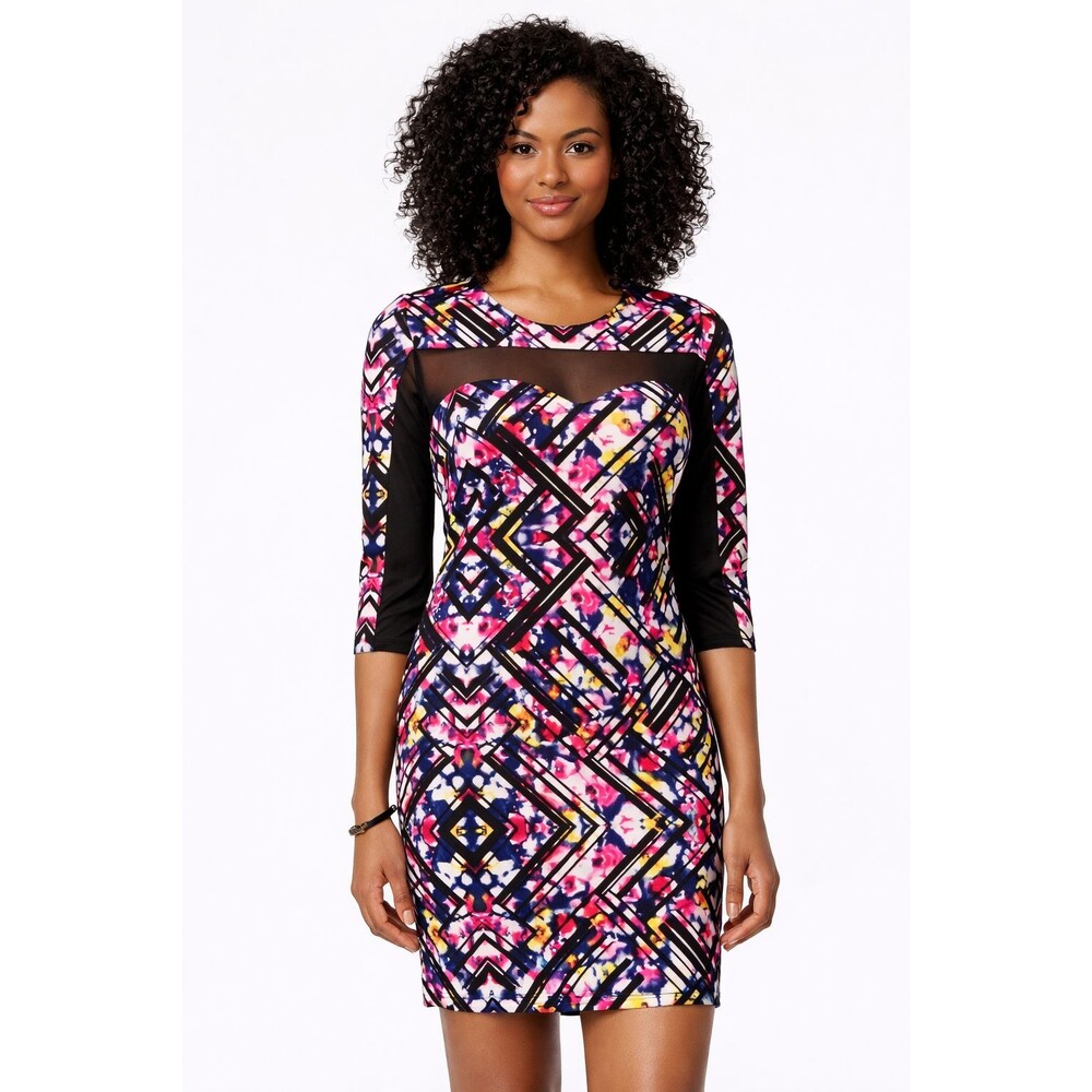 New XS Material Girl Bodycon Dress Black Multi Abstract Party Club Dress